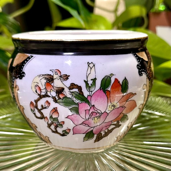 Pode incluir: Um pequeno vaso redondo de cerâmica com base branca, borda preta e acabamento dourado. O vaso apresenta um desenho pintado à mão de um pássaro, flores e borboletas em tons de rosa, laranja e castanho. O vaso tem aproximadamente 10 cm de diâmetro.