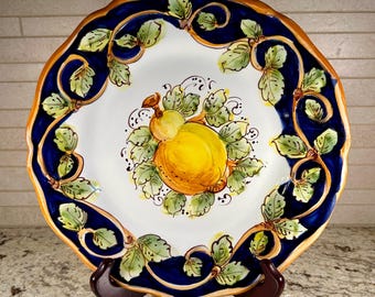 Hand Painted Italian Lemon Plate Blue Majolica Style Amalfi Coast Ceramic Wall Decor Ravello Style