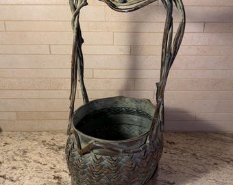 Vintage Bamboo Basket Sculptural Handle Celadon Wash Japanese Ikebana Style Handwoven Rustic Decor