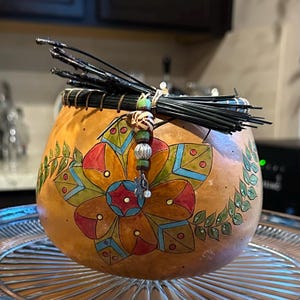 Gorgeous, handmade, hand painted, beaded, vintage, gourd bowl.
