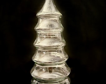 10.5&quot; clear, handblown, glass Christmas tree. Lidded jar
