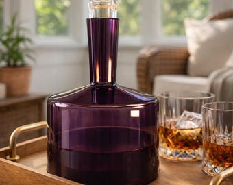 Vintage Amethyst Glass Decanter w/ Original Stopper – Sculptural Purple Art Glass – Mid Century Modern Style Barware