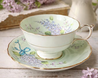 Juego de taza y platillo Paragon Lilac, porcelana fina verde menta, Inglaterra, diseño floral, ribete dorado, taza de té vintage, Garantía Real