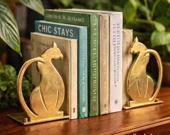 Vintage Brass Cat Bookends Solid Brass Minimalist Book Ends Mid Century Style Cat Decor Office Library Shelf Decor