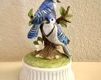 Lefton Blue Jays Music Box with on off switch. Hand painted . Mint. Marked.