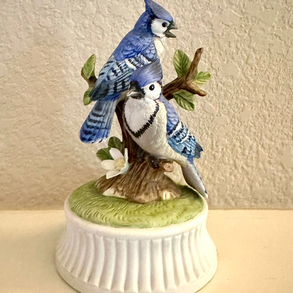 Lefton Blue Jays Music Box with on off switch. Hand painted . Mint. Marked.