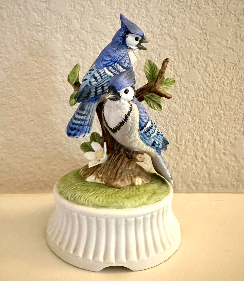 Lefton Blue Jays Music Box with on off switch. Hand painted . Mint. Marked. image 1