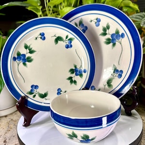 May include: A set of ceramic tableware featuring a white background with a blue rim and a blueberry design. The set includes two plates and a bowl. The blueberries are blue with green leaves.