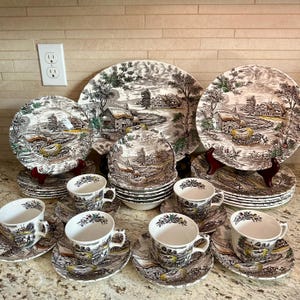 Zestaw obiadowy Vintage Ridgeway Yorkshire Hayride Ironstone na 6 osób Staffordshire Anglia Cottagecore Farmhouse
