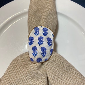 Set of 4 Oyster Shell Napkin Rings, blue and white floral, blue and white geometric pattern, decoupage, country, coastal, vintage boho decor
