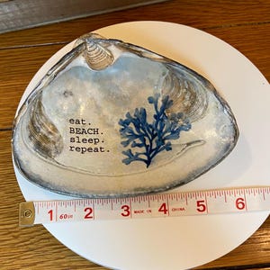 Clam Shell Trinket Jewelry Dish, Coastal Decor, Beachcombed 5-6&quot; Clam Seashell, Hostess Gift, Decoupage Shells, watercolor, beachy saying