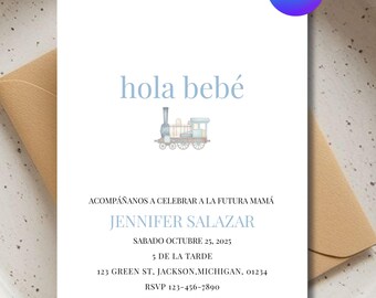 Hola Bebe Baby Shower, Blue Train Baby Shower Invitation Template, Editable Baby Shower Invite, Invitacion Editable Para Baby Shower, Train