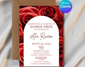May include: A Quinceañera invitation with a red rose floral design. The invitation features the text "Acompañanos a celebrar los Quince Años de nuestra hija Alia Rivera" and the date "Mayo 25, 2024".