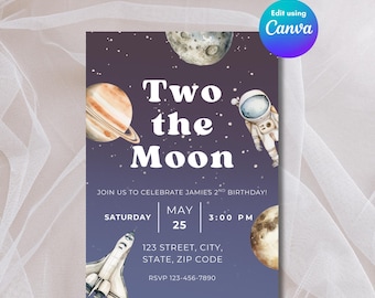 Two the Moon Birthday Invitation Template, Space Birthday Invitation, Outer Space Birthday, Moon Birthday Invitation, Editable Template