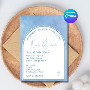 Blue Watercolor White Arch Baptism Invitation Template, Invitacion de Bautizo, Spanish Invitation Template, Spanish Baptism Invitation