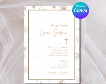 Boho blommig spansk dopinbjudan, Invitación de Bautizo Redigerbar, redigerbar mall för spansk dopinbjudan, Invitación de Bautizo