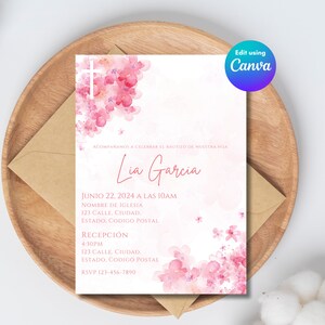 Pink Floral Baptism Invitation Template, Invitacion de Bautizo con Flores, Spanish Invitation Template, Spanish Baptism Invitation, Bautizo