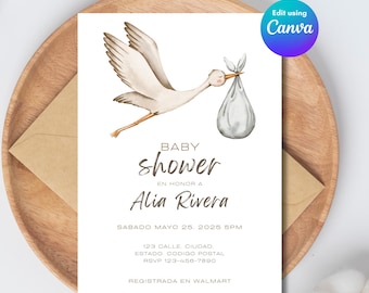 Modèle d'Invitation de baby shower cigogne, modèle d'Invitation de baby shower Cigueña, modèle espagnol de baby shower, invitation neutre de baby shower