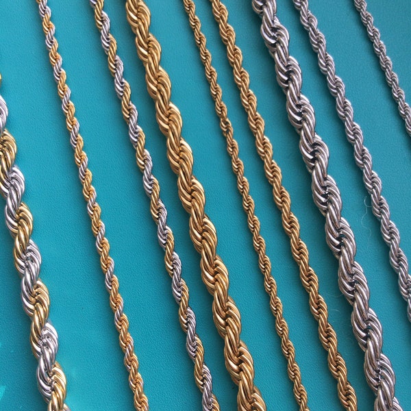 Silver Rope Chain Necklace, Gold Twist Chain Necklace, 2mm, 3mm, 5mm, 7mm Gold&Silver Rope Chain, Valentine's Day,Gift for Her, Gift for Him