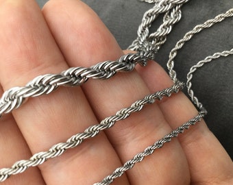 Collar de cadena de cuerda de plata, collar de cadena de torsión, 1MM 2MM 3MM 5MM 7MM cadena de cuerda de plata, día de San Valentín, regalo para él, regalo para ella, impermeable