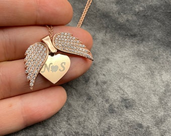 Collar de corazón con nombre y alas: collar de ángel personalizado en plata de ley, regalos de Navidad y cumpleaños.