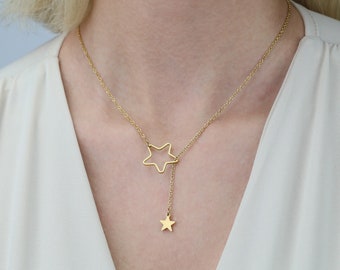 Collier pendentif étoile en or, collier pendentif étoile délicat, petit collier double étoile, cadeau pour elle, bijoux en acier inoxydable, cadeau de demoiselle d'honneur