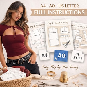 May include: A burgundy crop top with a keyhole design and a black belt. Sewing patterns and instructions are displayed, along with a basket of fabric and sewing tools. Text on the image reads "A4 • AO • US LETTER FULL INSTRUCTIONS" and "Easy Step-by-Step Sewing."