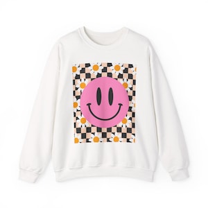 Pink Smiley Face Checkerboard Sweatshirt | Daisy Pattern