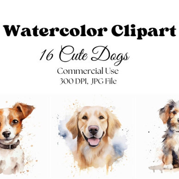 16 Watercolor Cute Dogs Clipart, Personal and Commercial Use, JPG File, Quirky Dogs Clip Art, Funny Dogs  Clipart, Instant Download