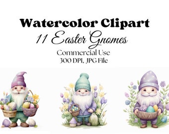 11 Watercolor Easter Gnomes Clipart, JPG Files, Commercial Use, Eggs Clip art, Gnomes Clipart, Easter clipart