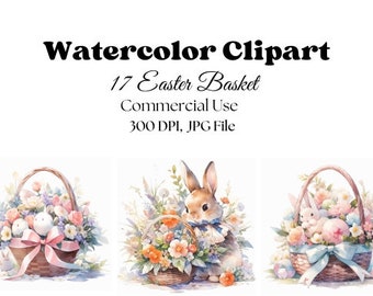 17 Watercolor Easter Basket Clipart, Easter Clipart, Eggs Clipart, Personal and Commercial Use, JPG File, Instant Download