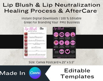 100% bearbeitbare PMU Lip Blush Blushing & Healing Prozess Kartendesignvorlagen, bearbeitbar, druckbar, kosmetisches Tattoo, Nachsorgekarte