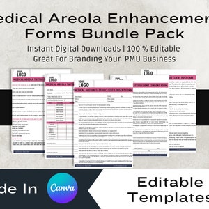 Medical Areola Consent, Client Record, Consultation, Pre & Post Care Templates, PMU Templates, PMU Forms, Editable 9 Page Bundle