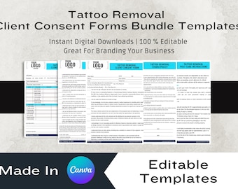 Tattoo-Entfernungsformular-Vorlage: Zustimmung, Kundendatensatz, Nachpflege (Canva bearbeitbarer digitaler Download)