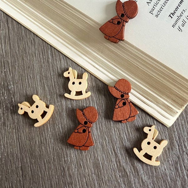 2x Little Red Riding Hat and Small Rocking Horse Wooden Buttons with Two Holes, Beige Brown Wood Buttons, Decorative Wooden 2-Hole Buttons