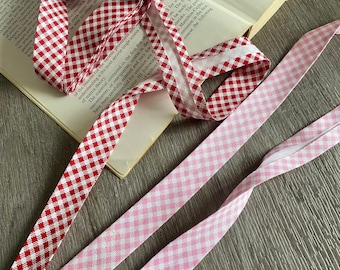 1m Checkered 20mm Double Folded Bias Tape Red Pink, Pure Cotton Gingham Bias Band, Folded Edging Tape Maroon Red/Light Pink Plaid