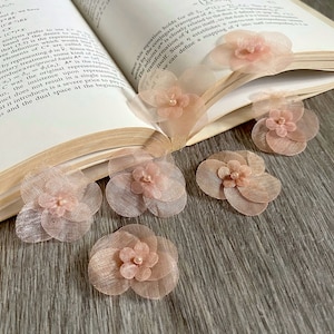 May include: A close-up of a book with several delicate, peach-coloured fabric flowers scattered on a wooden surface. The flowers are layered and have a slightly ruffled texture.