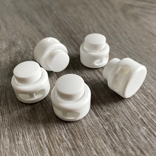 5x White Durable Two Hole Cord Stoppers 18 x 16mm, Plastic Toggle Cord Locks Hole Size 4mm, Cord Adjuster for Drawstring Clothes or Pet Hat