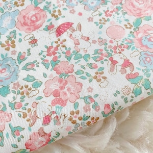 Pastel Bunnies in Rose Garden 100% Cotton Fabric, Rabbit Bunny in Flowers Lightweight Pure Cotton, Summer Botanical Garden Blossom Fabric