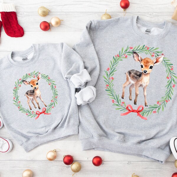 Mommy and me Christmas sweatshirt, matching mommy and me Christmas shirt,  vintage deer wreath, retro Christmas, kid sweatshirt, youth shirt