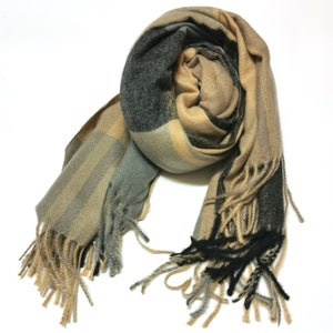 Plaid Cashmere Scarf. Women&#39;s Winter Scarf, Cashmere Fabric Scarves, Birthday Gift. Pastel colours: gray, black, beige, brown