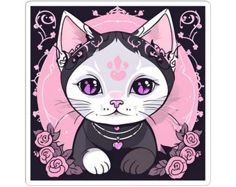 Adorable Cat Kiss-Cut Stickers - Cute Floral Cat Art for Laptop, Water Bottle, Notebook, Gift, Cat Lover Decor