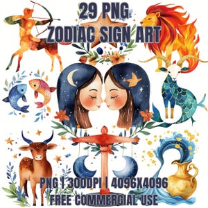 Zodiac Clipart Nursery Art Astrology Constellation Horoscope Signs Gemini Leo Cancer Capricorn Scorpio Virgo Taurus Pisces PNG Bundle 29