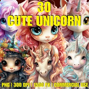 Cute Unicorn Watercolor Clipart Bundle 30 PNG, Free Commercial Use, Digital Art Printable Graphic Design DIY