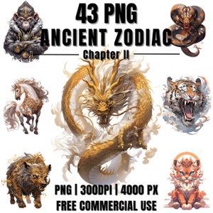 Ancient Wisdom Chinese Zodiac Chapter II Solemn Watercolor Clipart Bundle 45 PNG, Free Commercial Use, Digital Art Printable Graphic Design