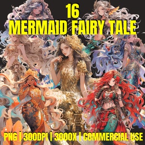 Mermaid Fairy Tale Watercolor Clipart Bundle 16 PNG, Transparent Background, Free Commercial Use, Digital Art Printable Graphic Design DIY
