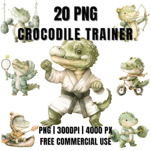 Crocodile Clipart, Alligator Clipart, Gym Clipart, 20 PNG Bundle, Nursery Decoration, PNG Sublimation, Digital Download, Free Commercial Use