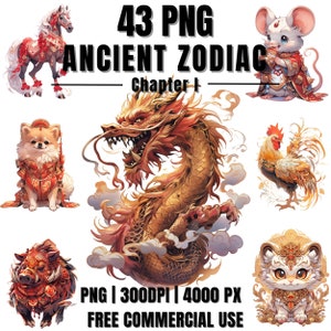 Ancient Wisdom Chinese Zodiac Chapter I Adorable Watercolor Clipart Bundle 43 PNG, Free Commercial Use, Digital Art Printable Graphic Design