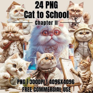 Cute Cat Student, Back to School Clipart, First Day Of School PNG, Cat Breed Clipart, Cat Lover, Cat mom PNG, Watercolor Bundle 24 PNG C02