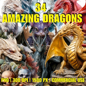 Amazing Dragon Watercolor Clipart Bundle 34 PNG, Free Commercial Use, Digital Art Printable Graphic Design DIY